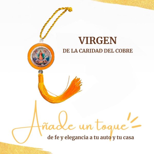 Medallion of the Virgin of Charity of El Cobre to hang on your car’s rearview mirror or at home. Oshún amulet for luck. Yellow and silver religious hanging ornament for your car and altar.