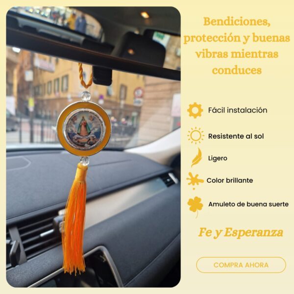 Medallion of the Virgin of Charity of El Cobre to hang on your car’s rearview mirror or at home. Oshún amulet for luck. Yellow and silver religious hanging ornament for your car and altar. - Imagen 2